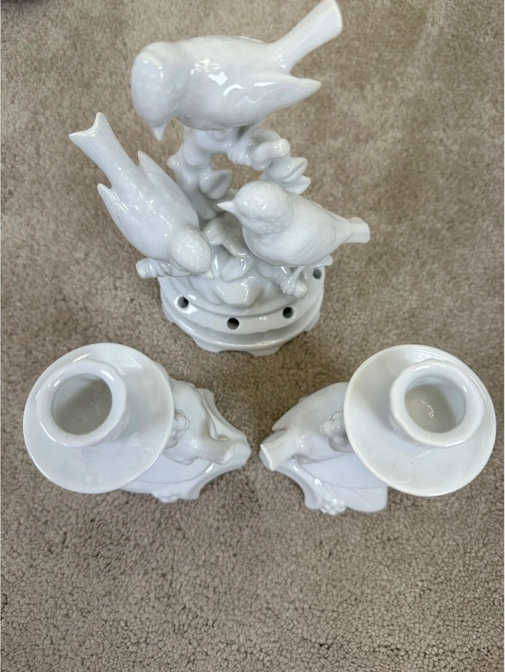 VTG Dresden Porcelain Wolfsohn & Sons Pair Of Bird Candle Holders + Flower Frog
